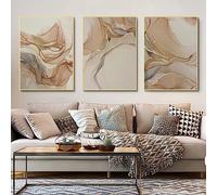 FSLEOVN Set of 3 Modern Canvas Pictures, Abstract Poster, Marble Texture, Beige, Blue, Gold Art Fluid Picture, Nordic Canvas Painting, Wall Decoration, No Frame (Beige, 60 x 90 cm)