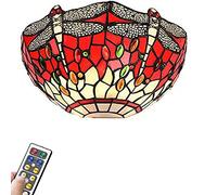 FSLIVING 1-Pack 55 Lumens Led Remote Control Battery Run Wall Sconce Dimmable Wireless Wall Lamp Tiffany Dragonfly Red Lampshade for Bedside Reading Room,3 AA Battery Operated,Battery Not Included