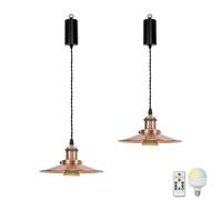 FSLiving Battery Operated Hanging Light Fixture No Driling,Copper Red Iron Rechargeable Pendant Light with Remote, Set of 2 Vintage Wireless Hanging Lamp Dimmable for Dining Room Kitchen TB2773