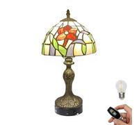 FSLiving Tiffany Style Table Lamp with Remote Control,Stained Glass Handmade Tiffany Lights, Dimmable Cordless Bedside Nightstand, Rechargeable Light Battery Operated Lamp for Bedside Home TD0918