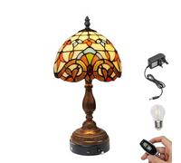 FSLiving Tiffany Style Table Lamp with Remote Control,Stained Glass Handmade Tiffany Lights, Dimmable Cordless Bedside Lamp, Rechargeable Lamp Battery Operated Lamp for Living Room Bedside TD0777