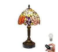 FSLiving Tiffany Style Table Lamp with Remote Control,Stained Glass Handmade Tiffany Lights, Dimmable Cordless Bedside Nightstand, Rechargeable Light Battery Operated Lamp for Bedside Home TD0933