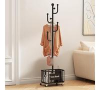 Fslvmin Freestanding Coat Rack with Laundry Basket, Rolling Garment Rack Multifunctional Metal Coat Hanger Stand On Wheels for Bedroom, Laundry, Entryway and Living Room (170cm/67inch, Black)
