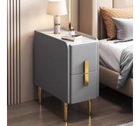 Fslvmin Slim Nightstand for Small Spaces, Narrow Side Table Modern Minimalist Bedside Table with Pu Leather Finish & Metal Legs, Double Drawer Storage Cabinet for Bedrooms Living Room