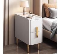 Fslvmin Slim Nightstand for Small Spaces, Narrow Side Table Modern Minimalist Bedside Table with Pu Leather Finish & Metal Legs, Double Drawer Storage Cabinet for Bedrooms Living Room