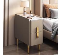 Fslvmin Slim Nightstand for Small Spaces, Narrow Side Table Modern Minimalist Bedside Table with Pu Leather Finish & Metal Legs, Double Drawer Storage Cabinet for Bedrooms Living Room