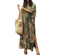 FSMO Women's Elegant Beach Poncho Ethnic Print Loose Kaftan Smock Summer Maxi Dress, Army Green, One Size