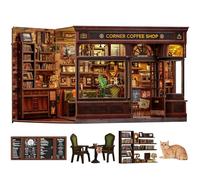 Fsolis Book Nook Kits for Adults, 3D Wooden Puzzles Book Nook, Diy Miniature House Kit Bookshelf Decor Tiny House Model Kits Gifts for Friend (Corner Coffee Shop)