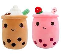 FSRONGXI 2Pcs Boba Plush Pillows, Pink Strawberry Bubble Tea Plushies | 24cm, Cute Plushies Soft Toys Kawaii Green Pearl Milk Tea Stuffed for Girls Teens(Brown & Pink)