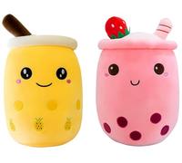 FSRONGXI 2Pcs Boba Plush Pillows, Pink Strawberry Bubble Tea Plushies | 24cm, Cute Plushies Soft Toys Kawaii Green Pearl Milk Tea Stuffed for Girls Teens (Pink & Yellow)