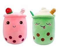 FSRONGXI 2Pcs Boba Plush, Pink Strawberry Bubble Tea Cute Plushies, Kawaii Green Pearl Milk Tea Stuffed Pillows (Pink & Green)