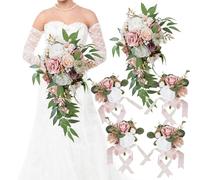 Fsslower Wedding Bouquets for Bride, Set of 5, Bridesmaid Bouquet Artificial Flower Bridal Bouquet for Wedding Ceremony Anniversary (Dusty Rose)