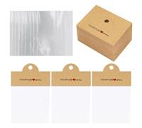 FSSTUD 100 Pcs Jewelry Display Cards Fold Selling Cards Paper Packaging Cards Small Craft Packaging Set with Red Love Heart Handmade Letters and 100 Pcs Clear Bags for Bracelet Necklace Brown