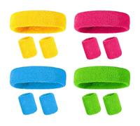 FSSTUD 12 Pcs Athletic Headband Wristband Set 80s Sweat Bands Colored Sport Hair Bands Breathable Sweat Wrist Bands Wicking Exercise Headbands Neon Workout Sweatbands Set Yellow Hot Pink Blue Green