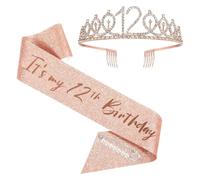 FSSTUD 12th Birthday Sash and Crown Metal Rhinestone Birthday Tiara with and Plastic Pearl Safety Pins for Decorations