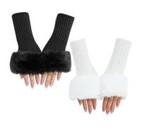 FSSTUD 2 Pairs Faux Fur Fingerless Gloves Mittens Wrist Length Arm Warmers Furry Knit Half Finger Gloves Winter Thumb Hole Glove Black White