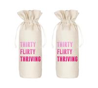FSSTUD 2 Pcs Thirty Flirty Thriving Wine Bag Linen Wine Bottle Bags with Drawstring 30th Birthday Wine Gift Bag Thirteen Going on 30 Decorations for Home Party