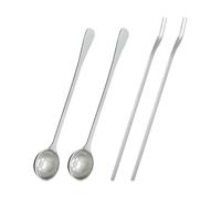 FSSTUD 4 Pcs Olive Spoon and Pickle Fork Long Handle Food Picker Jar Serving Spoons with Drain Holes Stainless Steel Fruit Forks 2 Prong Cooking Fork for Onion Cucumber