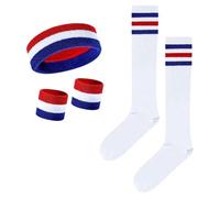 FSSTUD 5 Pcs Red White Blue Sweatband Set Sports Head Sweatband Wrist Sweat Bands Striped Socks Breathable Sporting Headband 80s Style Sweatbands for Men Women