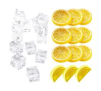 FSSTUD 52 Pcs Artificial Plastic Lemon Slices Acrylic Ice Cubes Simulation Lemon Blocks Fake Square Ice Rocks Fake Fruit Slices Sliced Lemons for Decoration