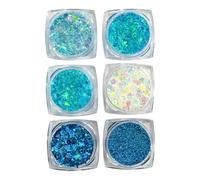 FSSTUD 6 Boxes Holographic Face Glitter Gel Sparkle Makeup Sequins Face Painting Body Glitter Festival Hair Glitter Different Shape Make Up Glitter with 2 Pcs Applicators Blue