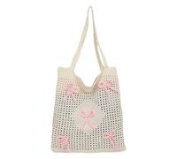 FSSTUD Crochet Bow Beach Bag Cute Knitted Tote Bags Summer Crocheted Handbags Boho Vacation Shoulder Bag Aesthetic Woven Bags Large Bohemian Shopping Handbag for Women Girls Pink