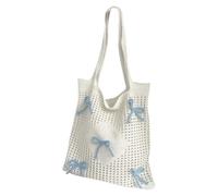 FSSTUD Crochet Bow Beach Bag Cute Knitted Tote Bags Summer Crocheted Handbags Boho Vacation Shoulder Bag Aesthetic Woven Bags Large Bohemian Shopping Handbag for Women Girls Blue