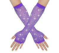 FSSTUD Rhinestone Fingerless Gloves Long Fishnet Gloves Arm Sleeves 80s Costume Gloves 1980s Retro Party Accessories for Halloween Purple