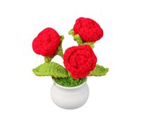 FSSTUD Small Crochet Rose Flowers Cute Mini Artificial Potted Roses Handmade Knitted Flowers Car Dashboard Flower Pot Tiny Woven Flower Decor Knitting Floral Ornament for Birthday Red