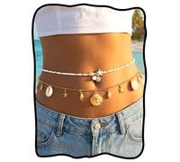 Fstrend Pearl Seashell Waist Chain,Adjustable Starfish Pendant Belly Chains,Beach Accessories for Women, A, Non-Precious Metal, No Gemstone
