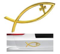 FSTURIOS Christian Cross Fish Car Emblem, Large Jesus Fish Cross Auto Emblem Badge Bumper Sticker, Weatherproof Christian Fish Symbol Ichthus Cross Emblem Decal for Most Vehicles (Golden)