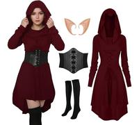 FSUJWOA 4 Pieces Renaissance Elf Costume for Women, Gothic Medieval Clothing, Hooded Dress with Corset for Halloween Parties (Red, Medium)