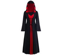 FSUJWOA Halloween Vintage Witch Dress, Witch Hooded Dress Hooded Robe Costum Witch Costum, Womens Renaissance Medieval Costume Dress (Black and red, S)