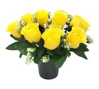 FSUK Grave Crem Pot Artificial Arrangement Yellow Roses Rosebuds for Graveside Cemetery Crematorium Memorial Vase Insert Gift for Mother's Day Birthday