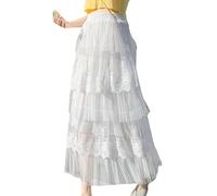 FSVCGOX Women Layered Tulle Midi Skirt, Ladies Fashion High Waist Solid Color Frill Trim Ruffle Embroidered Lace Cake Skirt for Prom Party Office Vacation White Xs