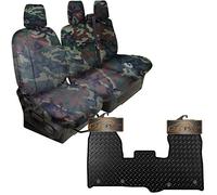 FSW Fully Tailored Transit Custom 2015-2018 Heavy Duty Waterproof Van Seat Covers in Green Camo & Fully Tailored Transit Custom 2015-2018 Heavy Duty 3mm Rubber Van Floor Mat Black - 4 Clips