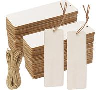 FSWCCK 50 Pcs 6 x 2 Inch Large Size Blank Wooden Gift Tags Labels Unfinished Wooden Book Markers Ornaments with Holes and Ropes for DIY Crafts, Wedding Birthday Party Decors