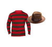 FSXtyle Adult Costume Halloween Set Freddy Krueger Jumper Brown Hat & Claw Glove Nightmare On Elm Street Fancy Dress Costume (Jumper & Hat, XXL)