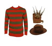 FSXtyle Adult Costume Halloween Set Freddy Krueger Jumper Brown Hat & Claw Glove Nightmare On Elm Street Fancy Dress Costume (Set(Jumper, Hat, Glove), S)