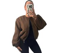 FSXtyle Women Balloon Sleeve Bomber Jacket - Lightweight Zip-Up Cropped Coat with Pockets, Long Sleeve Crew Neck Casual Streetwear Sizes 8-14 (UK, Numeric, 12, 14, Regular, Regular, Chocolate)