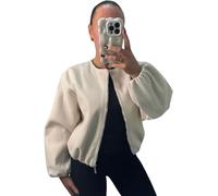 FSXtyle Women Balloon Sleeve Bomber Jacket - Lightweight Zip-Up Cropped Coat with Pockets, Long Sleeve Crew Neck Casual Streetwear Sizes 8-14 (UK, Numeric, 12, 14, Regular, Regular, Beige)
