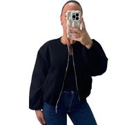 FSXtyle Women Balloon Sleeve Bomber Jacket - Lightweight Zip-Up Cropped Coat with Pockets, Long Sleeve Crew Neck Casual Streetwear Sizes 8-14 (UK, Numeric, 12, 14, Regular, Regular, Black)