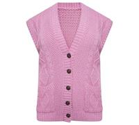 FSXtyle Women’s Cable Knitted Grandad Waistcoat Sweater Cardigan - Sleeveless Button Cardigan with Pockets, Winter Fashion Plus Sizes 8-26 (UK, Numeric, 16, 18, Regular, Regular, Pink)
