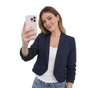 FSXtyle Women’s Cropped Blazer Jacket Ruched 3/4 Sleeve Open Front Fully Lined Casual Formal Crop Blazer Lightweight Office Work Party Jacket Sizes 8-14 (UK, Numeric, 16, 18, Regular, Regular, Navy)