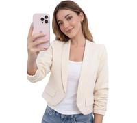 FSXtyle Women’s Cropped Blazer Jacket Ruched 3/4 Sleeve Open Front Fully Lined Casual Formal Crop Blazer Lightweight Office Work Party Jacket Sizes 8-14 (UK, Numeric, 12, 14, Regular, Regular, Cream)