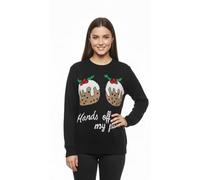 FSXtyle Women’s Hands Off My Puddings Funny Christmas Jumper, Two Cupcakes Print Novelty Knitted Xmas Sweater - Cute Quirky Holiday Pullover (UK, Alpha, XL, Regular, Regular, Black)