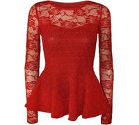 FSXtyle Womens Peplum Popcorn Lace Sequin Top - Elegant Long Sleeve Bodycon Party Blouse, Ladies Evening Peplum Shirt UK Sizes 8-14 (UK, Numeric, 8, 10, Regular, Regular, Red)