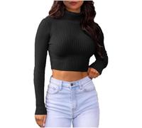 FSXtyle Women's Ribbed Polo Roll Neck Crop Top - Soft Knitted High Neck Long Sleeve Jumper, Stretch Cropped Sweater for Winter, Size 8-14 (UK, Numeric, 8, 10, Regular, Regular, Black)