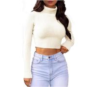 FSXtyle Women's Ribbed Polo Roll Neck Crop Top - Soft Knitted High Neck Long Sleeve Jumper, Stretch Cropped Sweater for Winter, Size 8-14 (UK, Numeric, 8, 10, Regular, Regular, Cream)