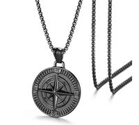 FSYAEGZA Men's Compass Pendant Necklace, Stainless Steel Compass Circle Vintage Coin Necklace Navigator Forged for Male Talisman Travel Jewelry, Stainless Steel, No Gemstone